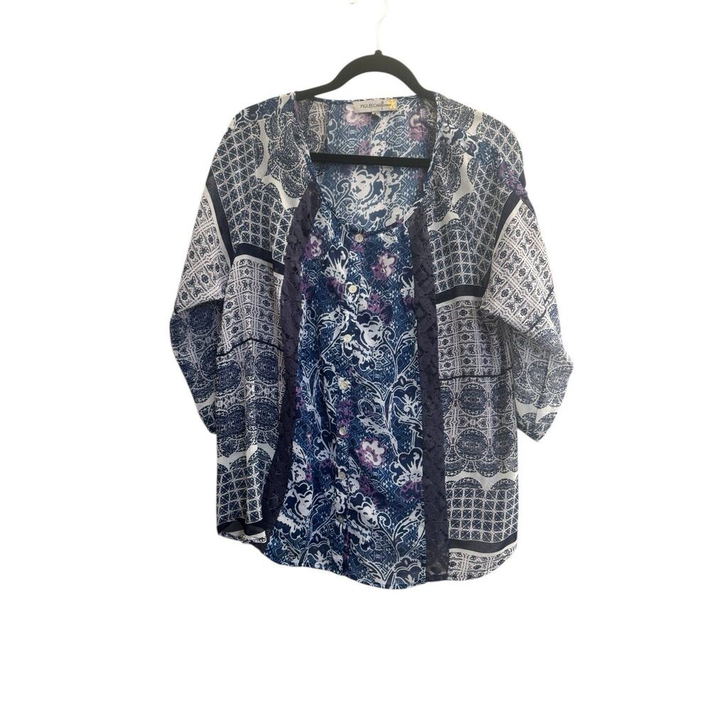 Figueroa & Flower Women 1X Sheer Blue Purple 3/4 Sleeves Crochet Details #5785